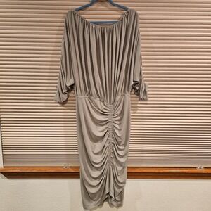 Daily Practice Anthropologie Ruched Off-Shoulder Midi Dress Sage Green XL NWT